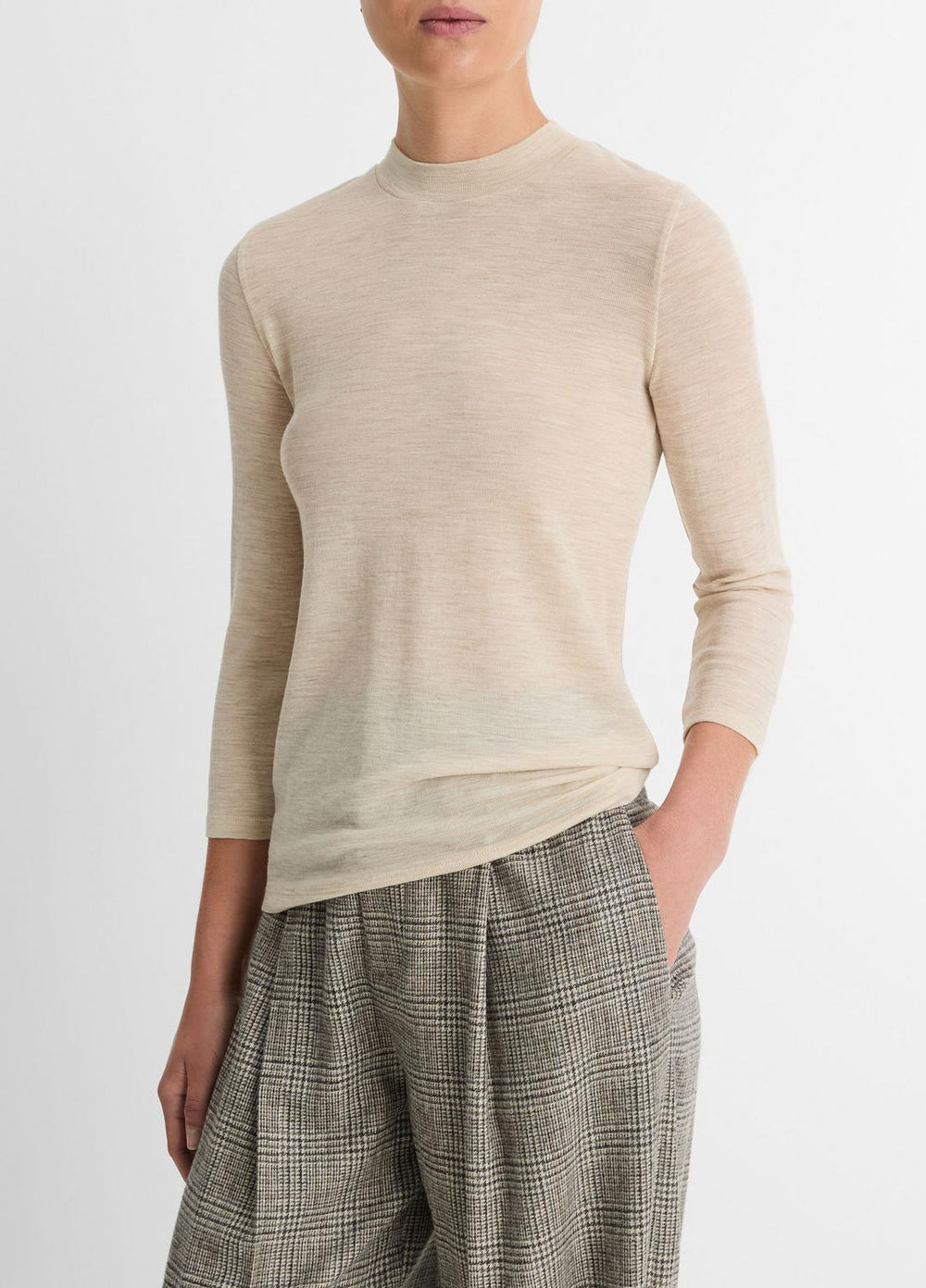 Wool Three-Quarter-Sleeve Mock-Neck Top in Shirts & Tees - LIGHT HEATHER ECRU
