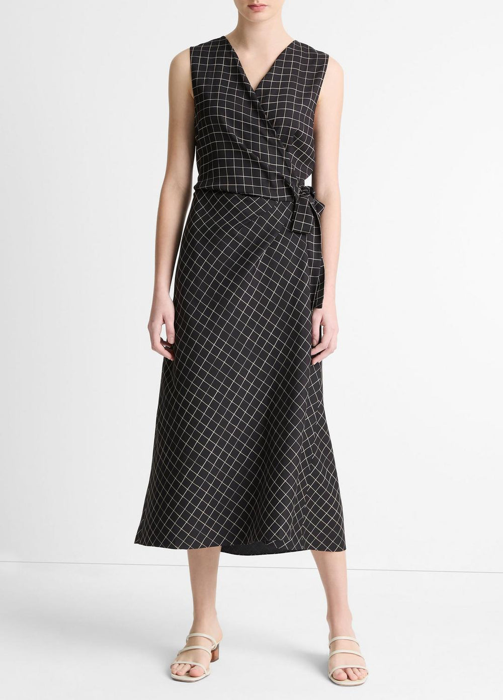 Trellis Plaid Draped Sleeveless Wrap Dress in Dresses & Skirts - BLACK/CREAM