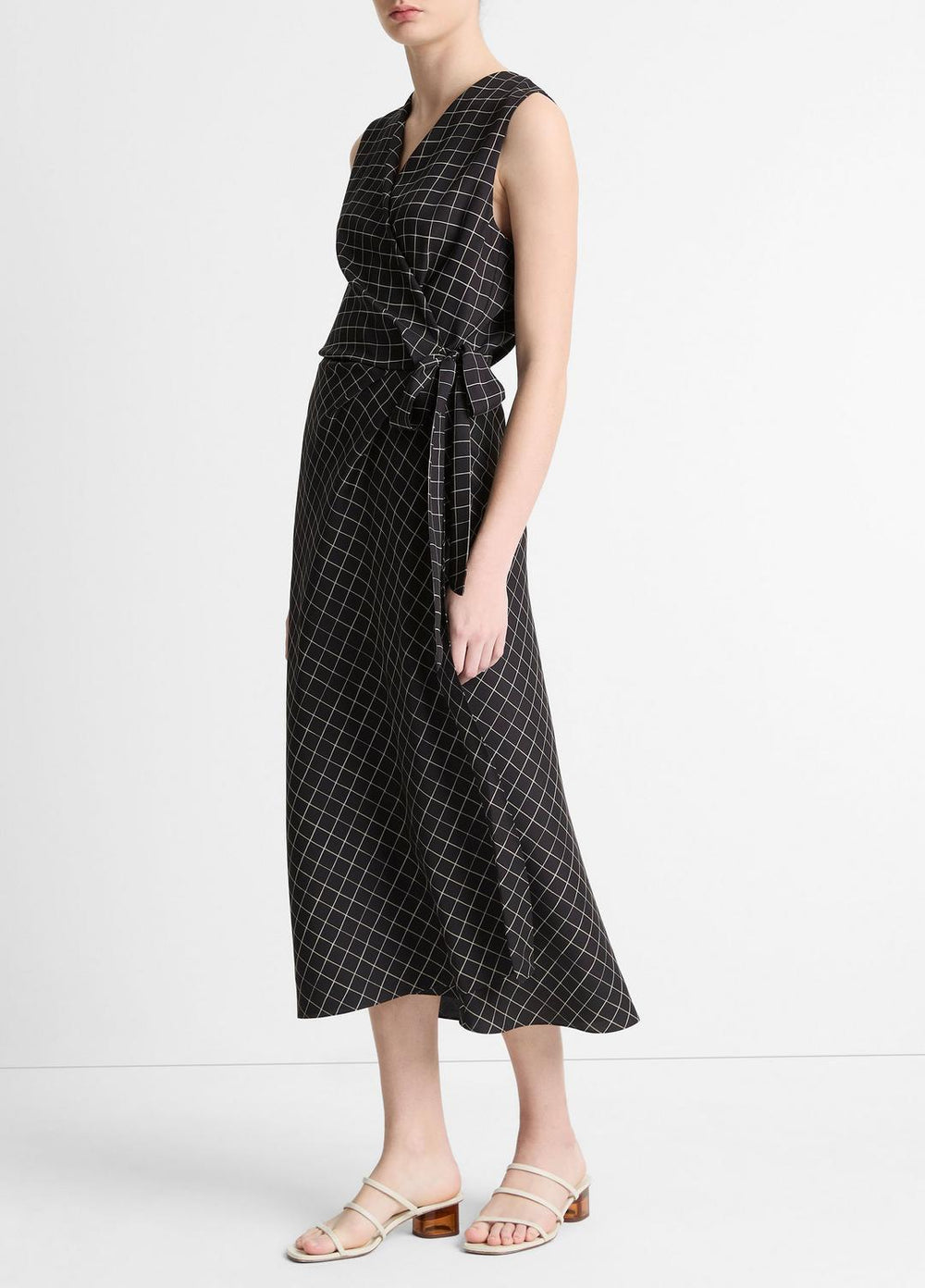 Trellis Plaid Draped Sleeveless Wrap Dress in Dresses & Skirts - BLACK/CREAM