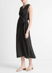 Trellis Plaid Draped Sleeveless Wrap Dress in Dresses & Skirts - BLACK/CREAM