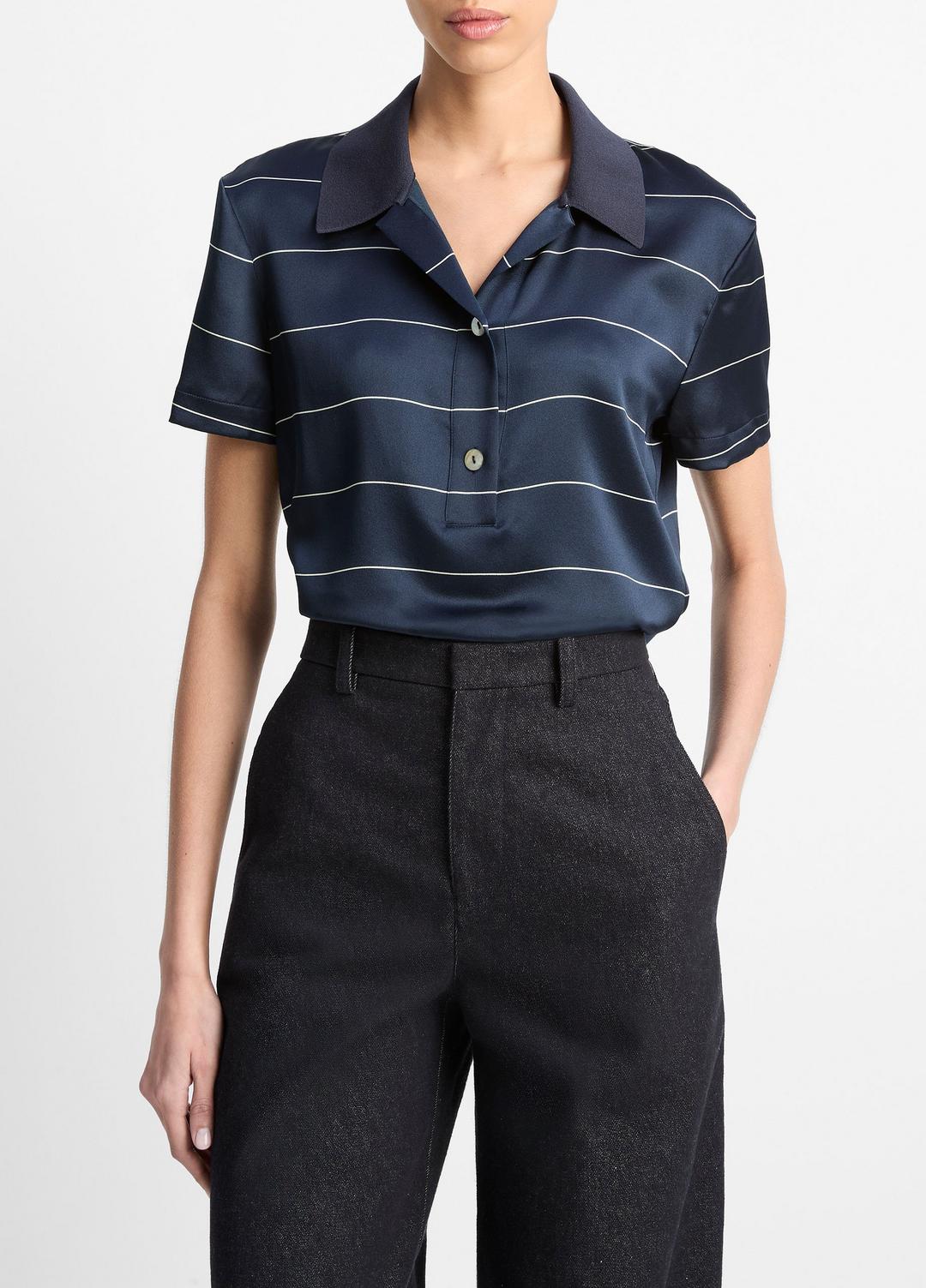 Knit-Collar Striped Silk Polo Shirt in Shirts & Tees - COASTAL BLUE/CREAM