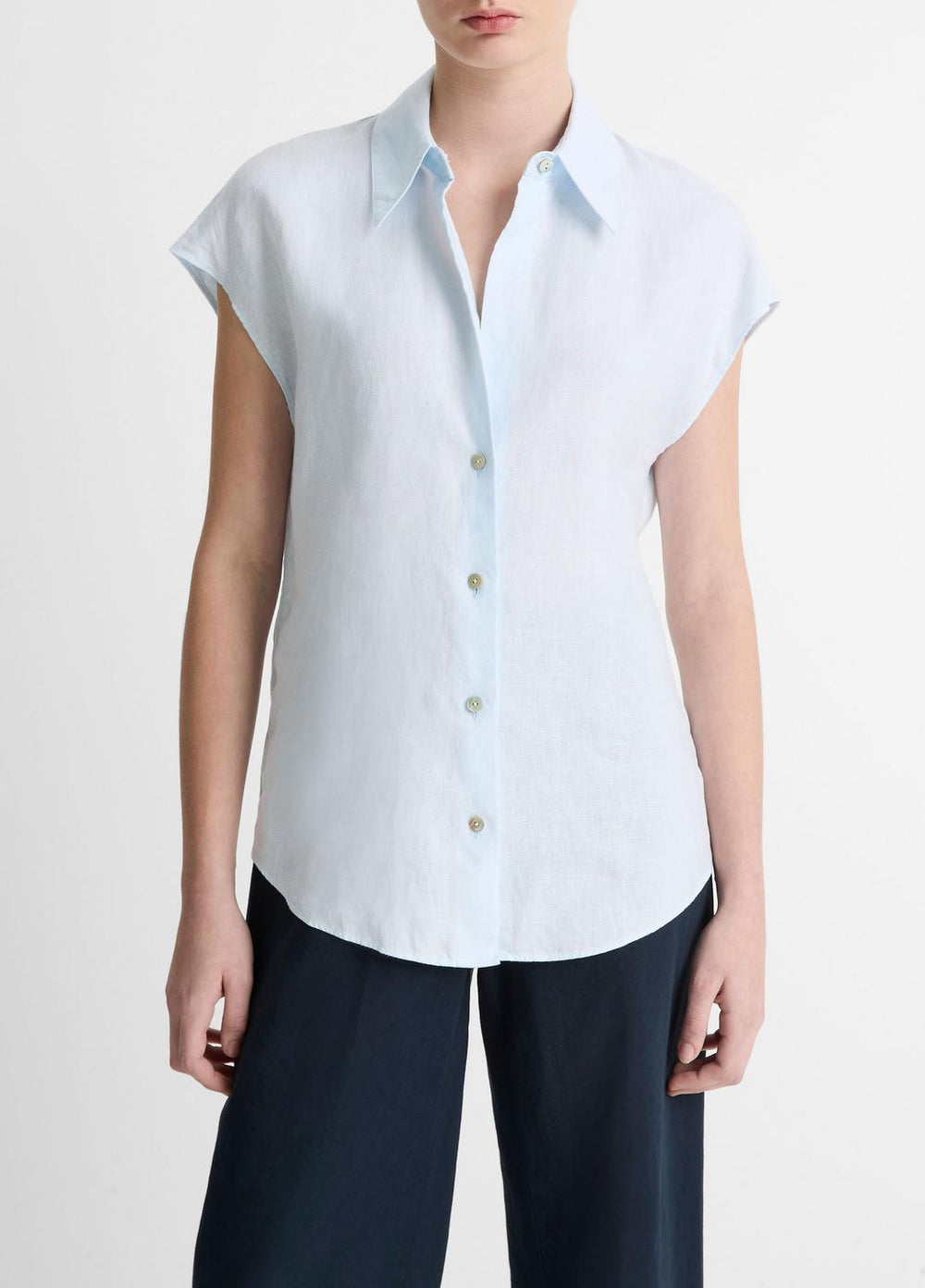 Linen Cap-Sleeve Button-Front Blouse in Shirts & Tees - SKY MIST