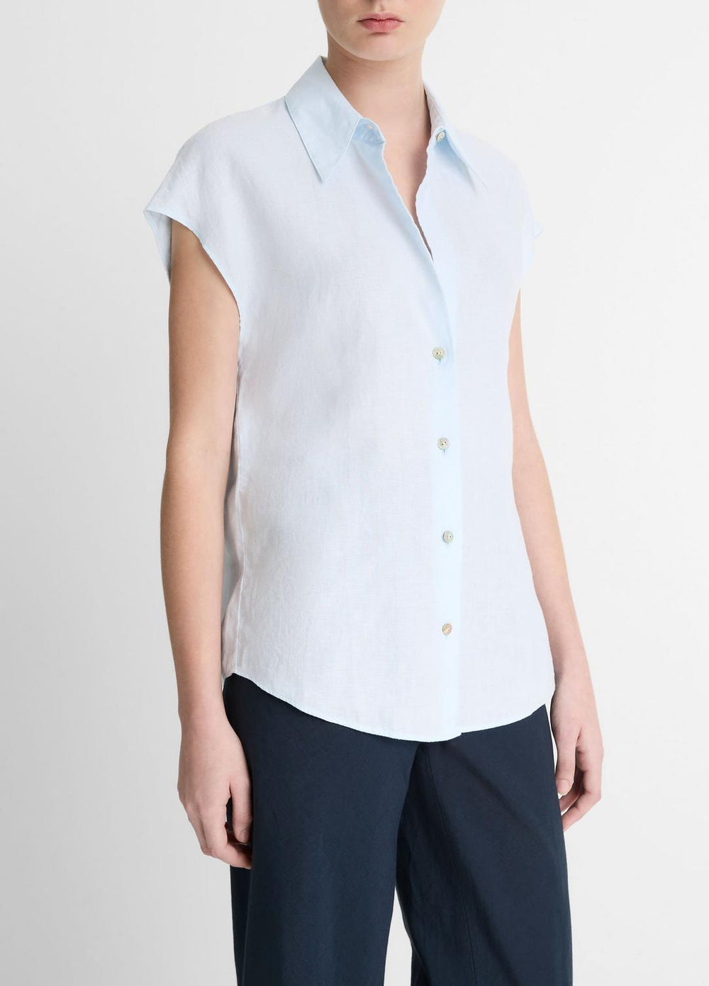 Linen Cap-Sleeve Button-Front Blouse in Shirts & Tees - SKY MIST