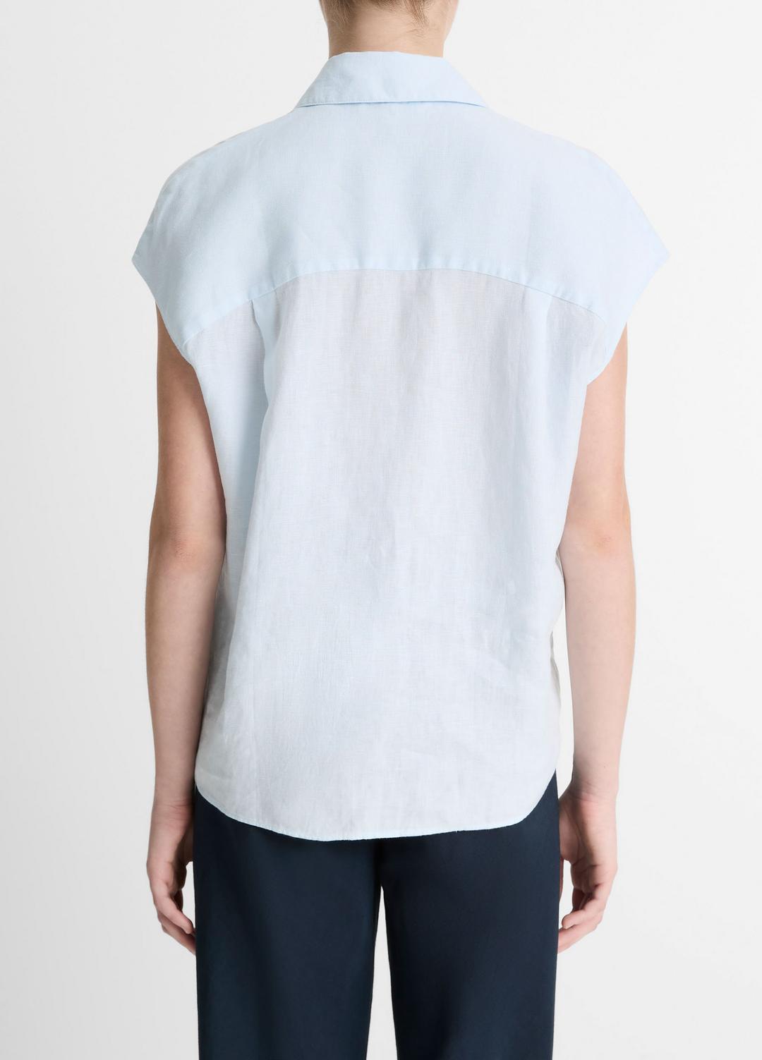 Linen Cap-Sleeve Button-Front Blouse in Shirts & Tees - SKY MIST