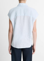 Linen Cap-Sleeve Button-Front Blouse in Shirts & Tees - SKY MIST