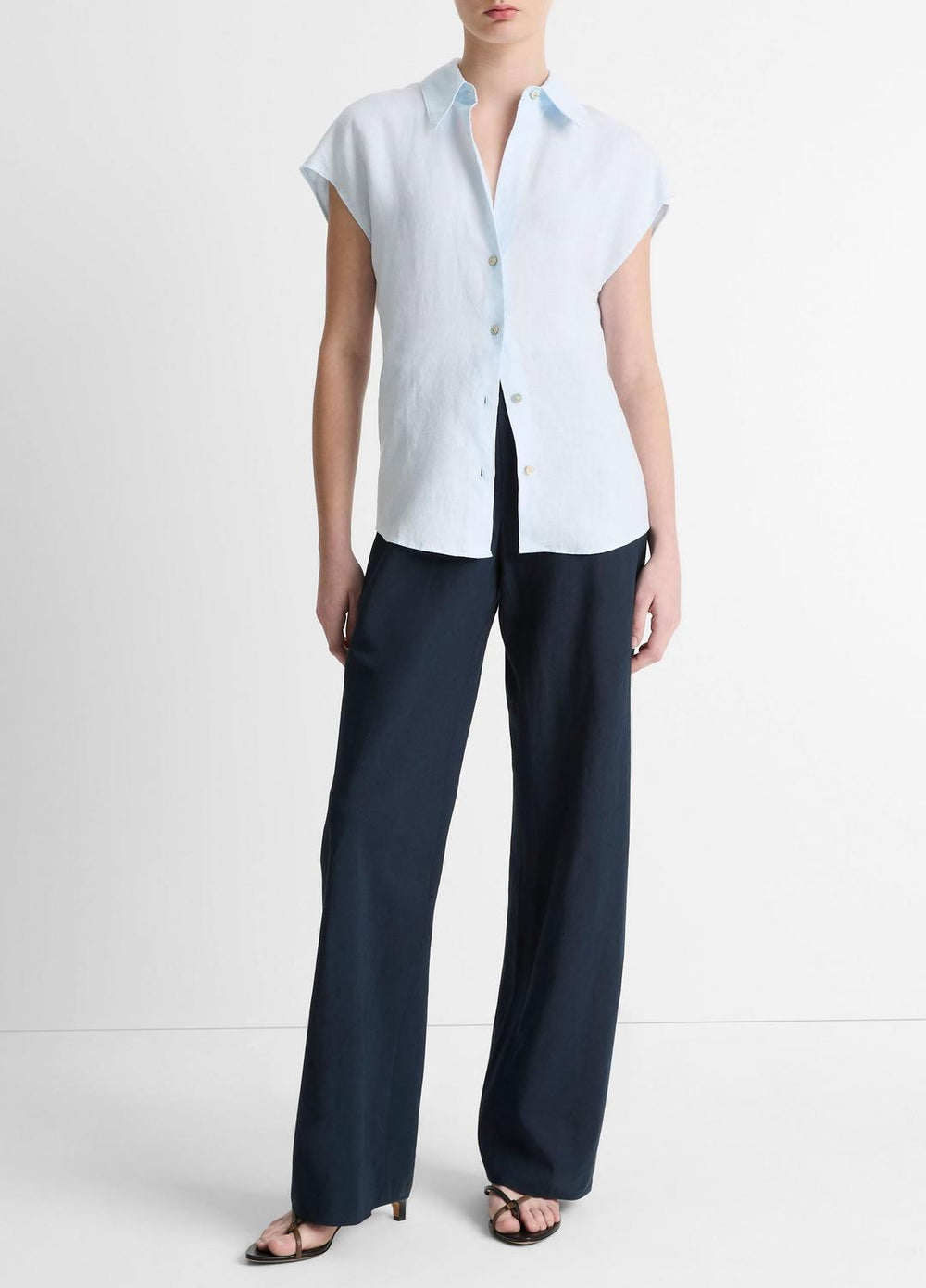 Linen Cap-Sleeve Button-Front Blouse in Shirts & Tees - SKY MIST
