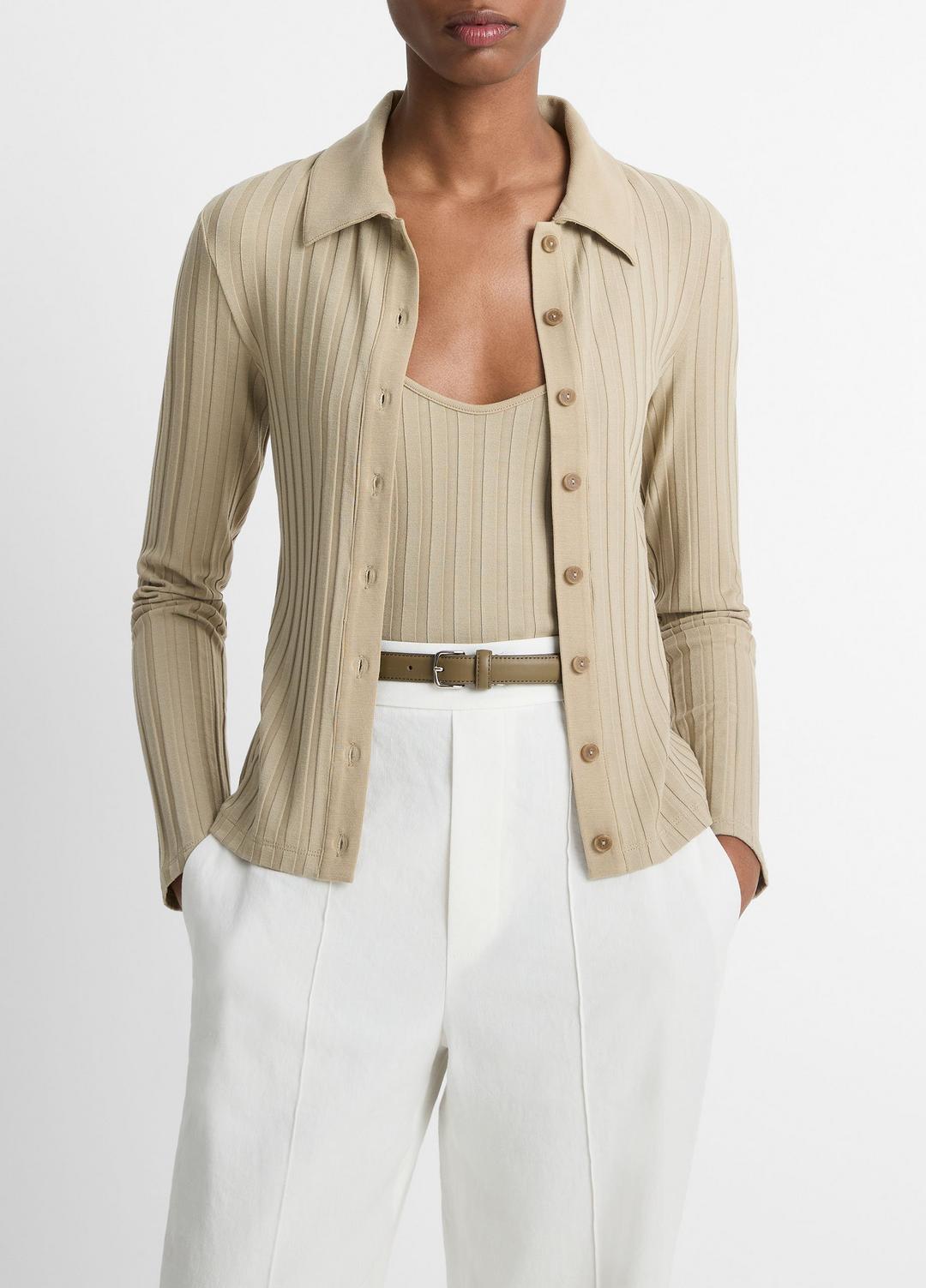 Ribbed Collared Long-Sleeve Button-Front Top in Shirts & Tees - MOJAVE