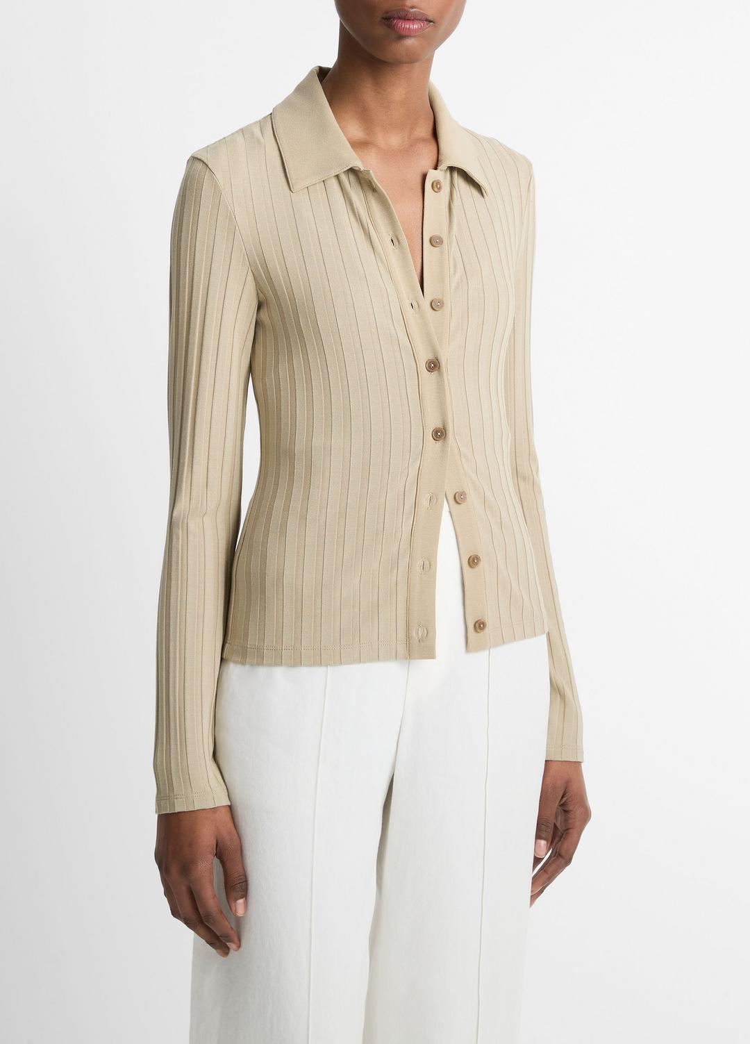 Ribbed Collared Long-Sleeve Button-Front Top in Shirts & Tees - MOJAVE