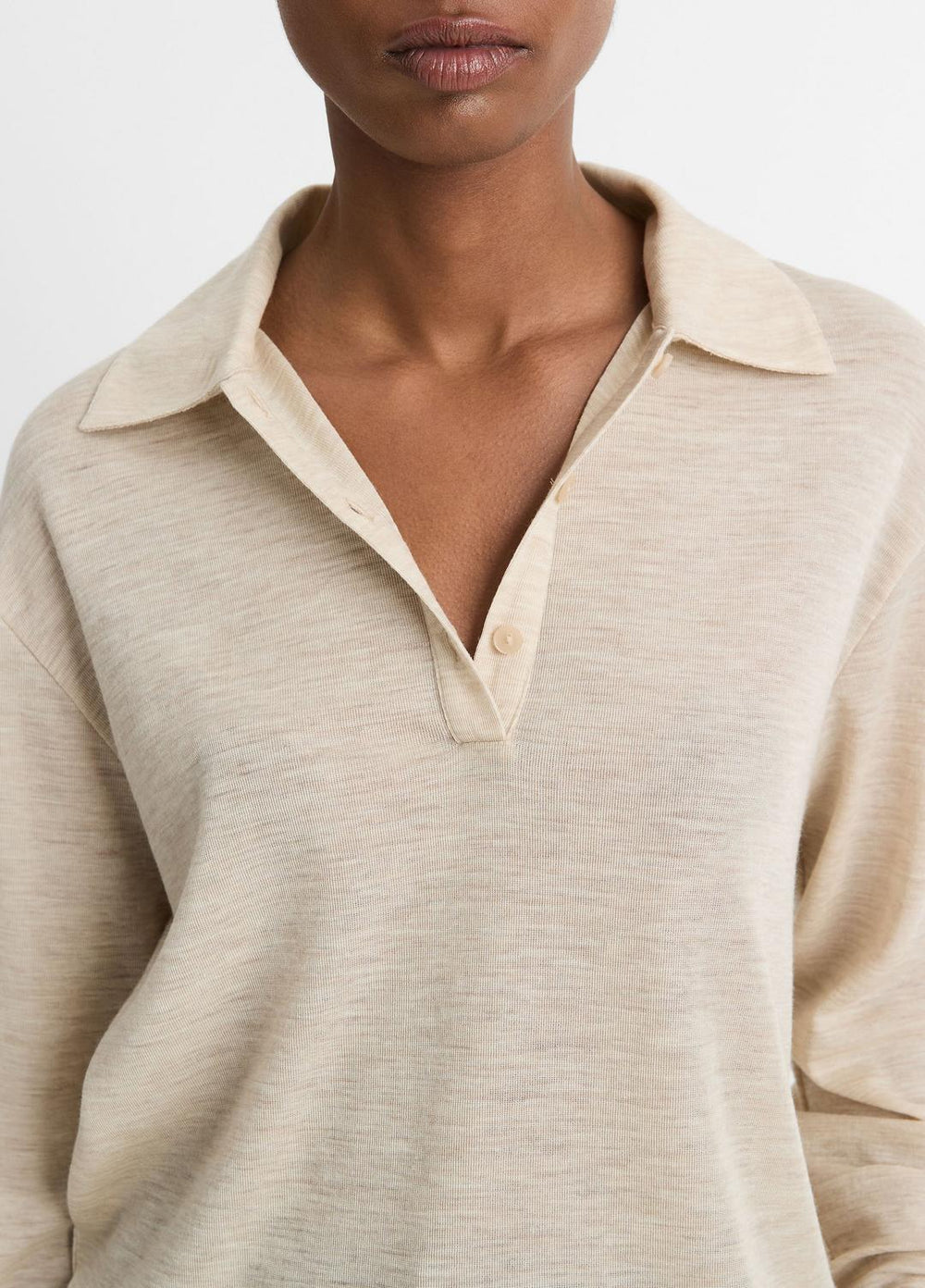 Wool Relaxed Long-Sleeve Polo Shirt in Shirts & Tees - LIGHT HEATHER ECRU
