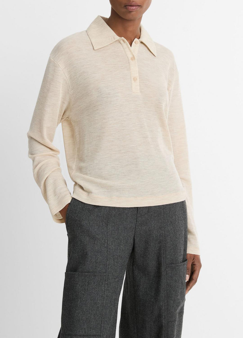Wool Relaxed Long-Sleeve Polo Shirt in Shirts & Tees - LIGHT HEATHER ECRU