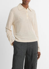 Wool Relaxed Long-Sleeve Polo Shirt in Shirts & Tees - LIGHT HEATHER ECRU